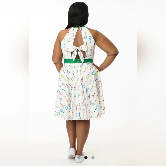Unique Vintage White Whimsical Tennis Print Dress - Picture 2 of 9